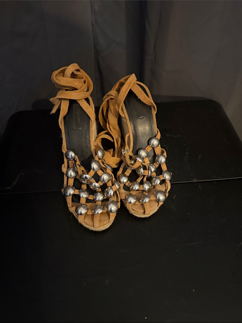 Alexander Wang Tan Suede Beaded Lace-Up Heels